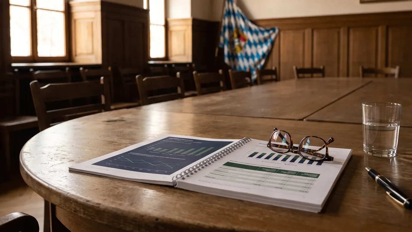 Aufgeschlagener Energiebericht mit Diagrammen auf dem Tisch eines Sitzungssaals im Rathaus