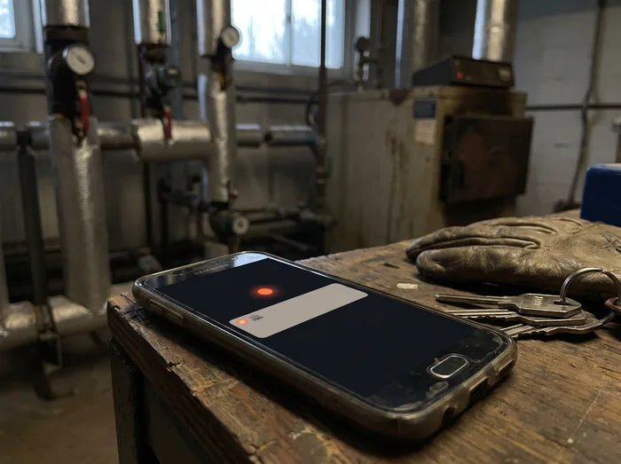 Smartphone mit einer Alarm-Meldung auf der Werkbank eines Hausmeisters im Heizungsraum