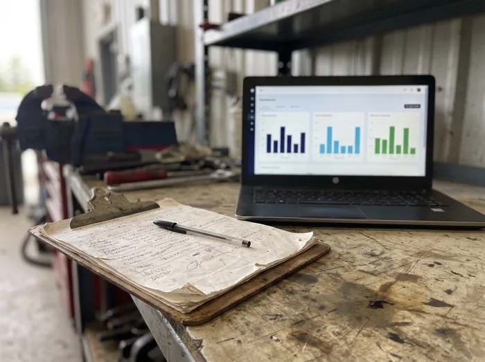 Klemmbrett mit handschriftlicher Zählerliste neben einem Laptop mit Dashboard auf einer Werkbank im Bauhof
