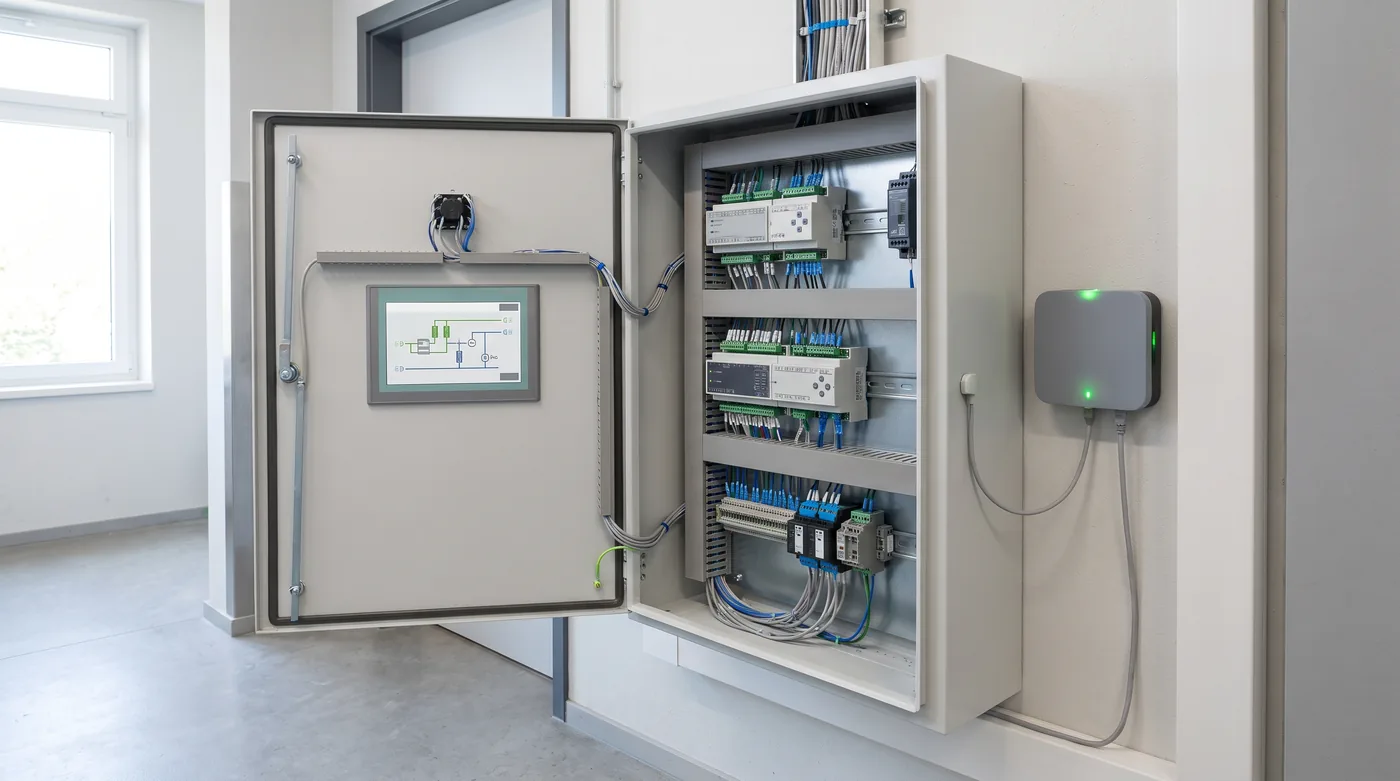 Offener GLT-Schaltschrank in einer Schule mit DDC-Reglern und Touchpanel, daneben ein kleines Gateway mit grüner LED