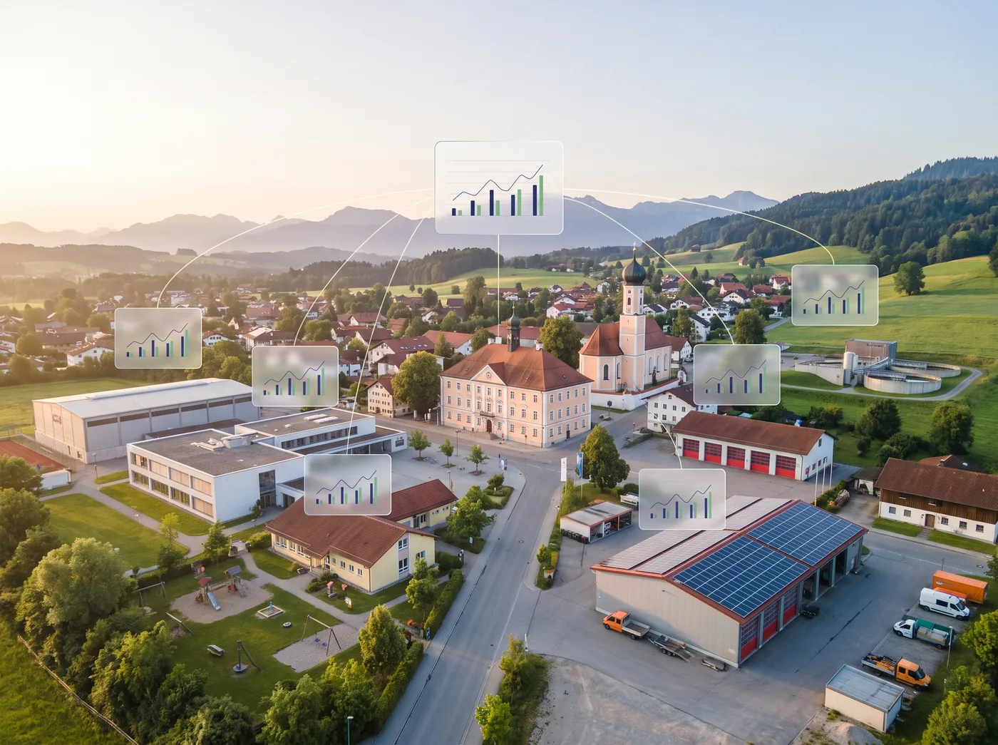 Oberbayerische Gemeinde aus leichter Vogelperspektive: Rathaus, Kirche, Schule, Sporthalle, Kita mit Spielplatz, Feuerwehrhaus, Bauhof mit Photovoltaik und Kläranlage; über jedem Gebäude eine dezente Datenkarte mit Verbrauchsdiagramm, verbunden zu einer Übersicht
