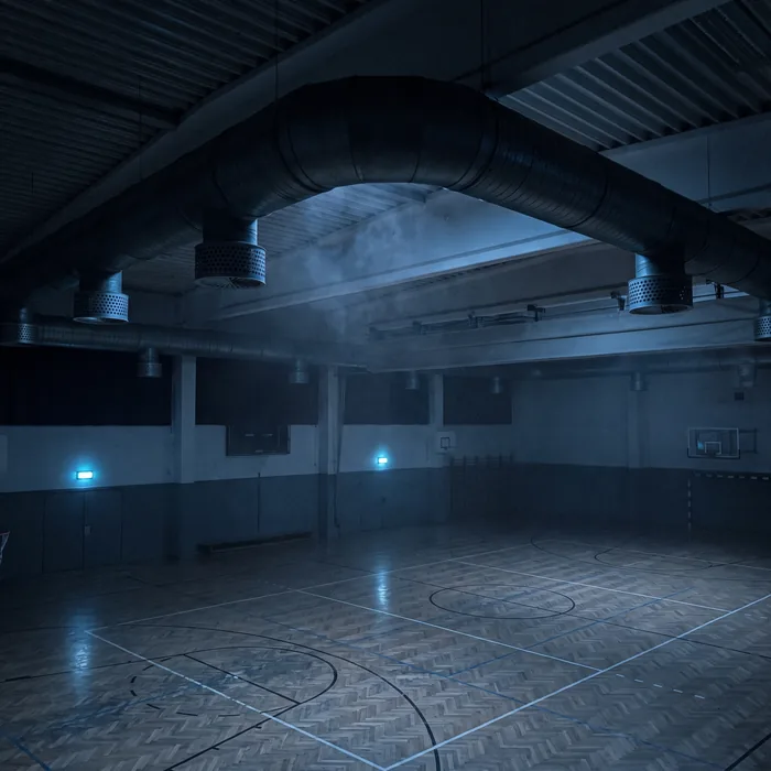 Leere Sporthalle bei Nacht mit Lüftungskanälen unter der Decke