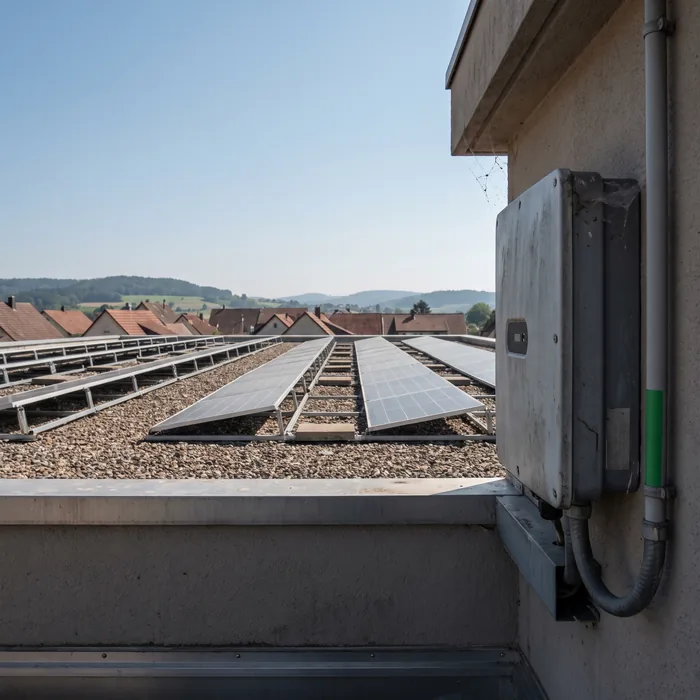 Flachdach eines Bauhofs mit Solarmodulen, im Vordergrund ein Wechselrichter mit dunkler Statusanzeige