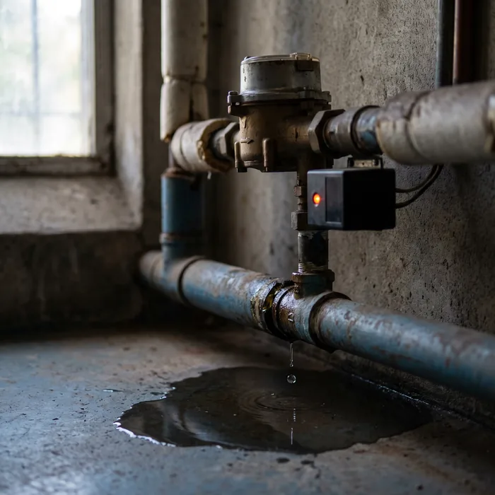 Wasserzähler im Schulkeller, unter einer Rohrverbindung bildet sich eine Pfütze