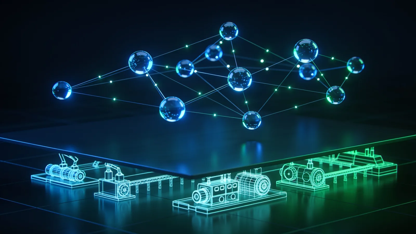 Abstraktes 3D-Rendering in Navy, Blau und Grün: digitale Fabrik als leuchtendes Netz verbundener Knoten über einer Produktionsfläche