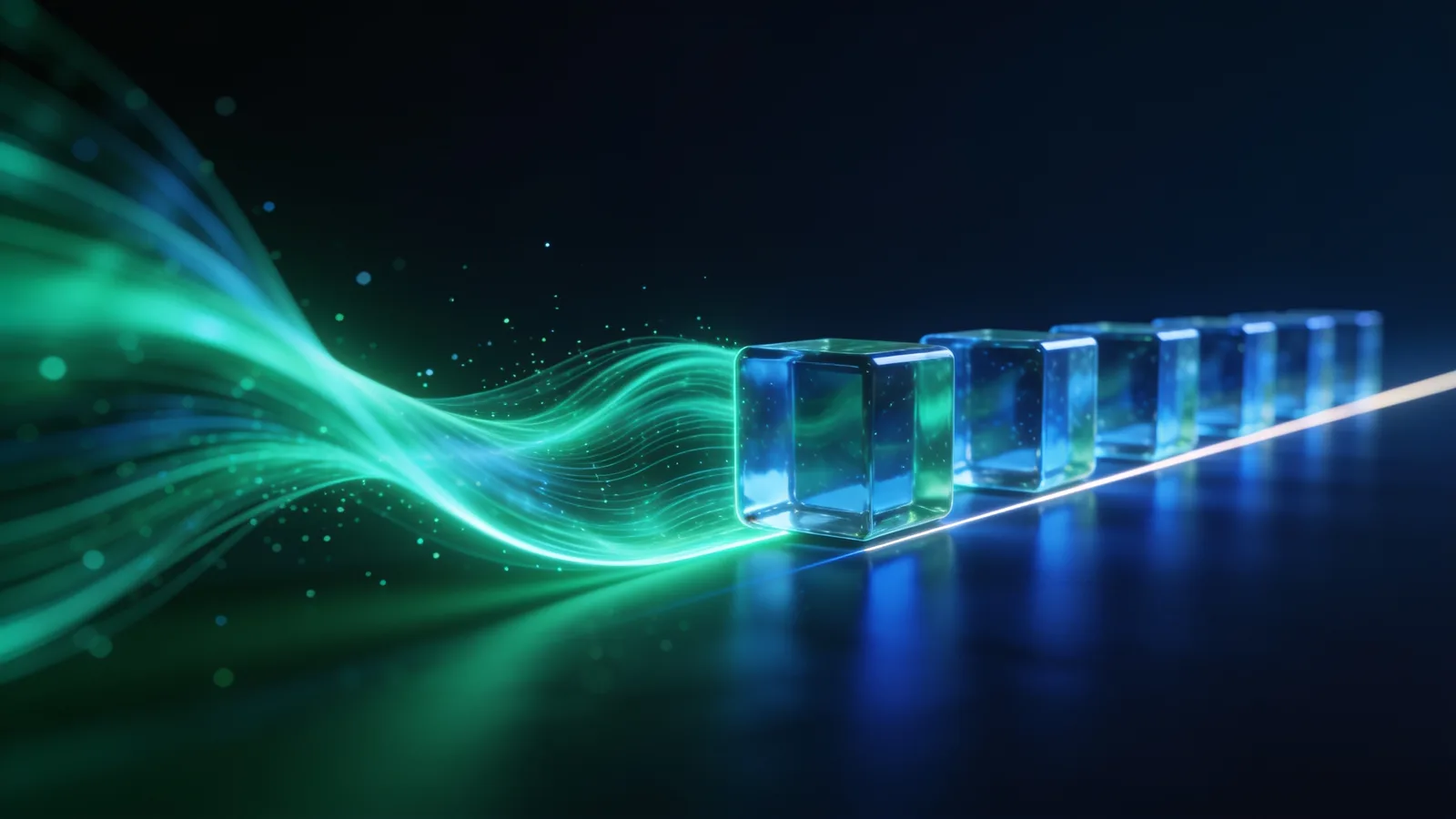 Abstraktes 3D-Rendering in Navy und Grün: grüne Energiewelle, die sich in einzelne gleiche Einheiten aufteilt
