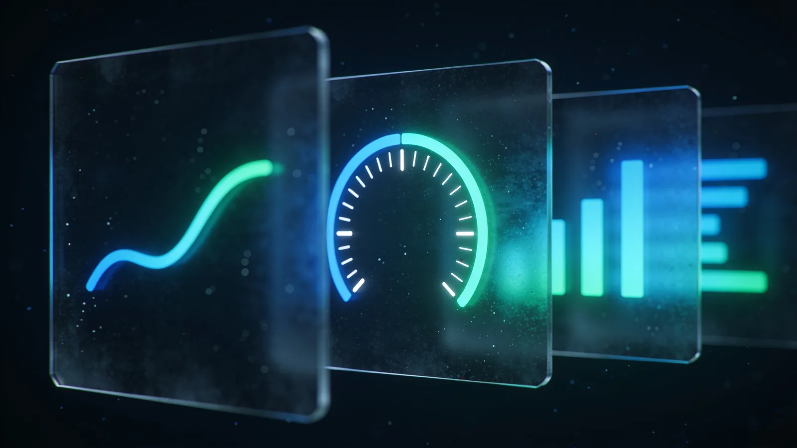 Abstrakte 3D-Illustration eines OEE-Dashboards: schwebende Glaspaneele mit abstrakten Diagrammformen in Navy, Blau und Grün