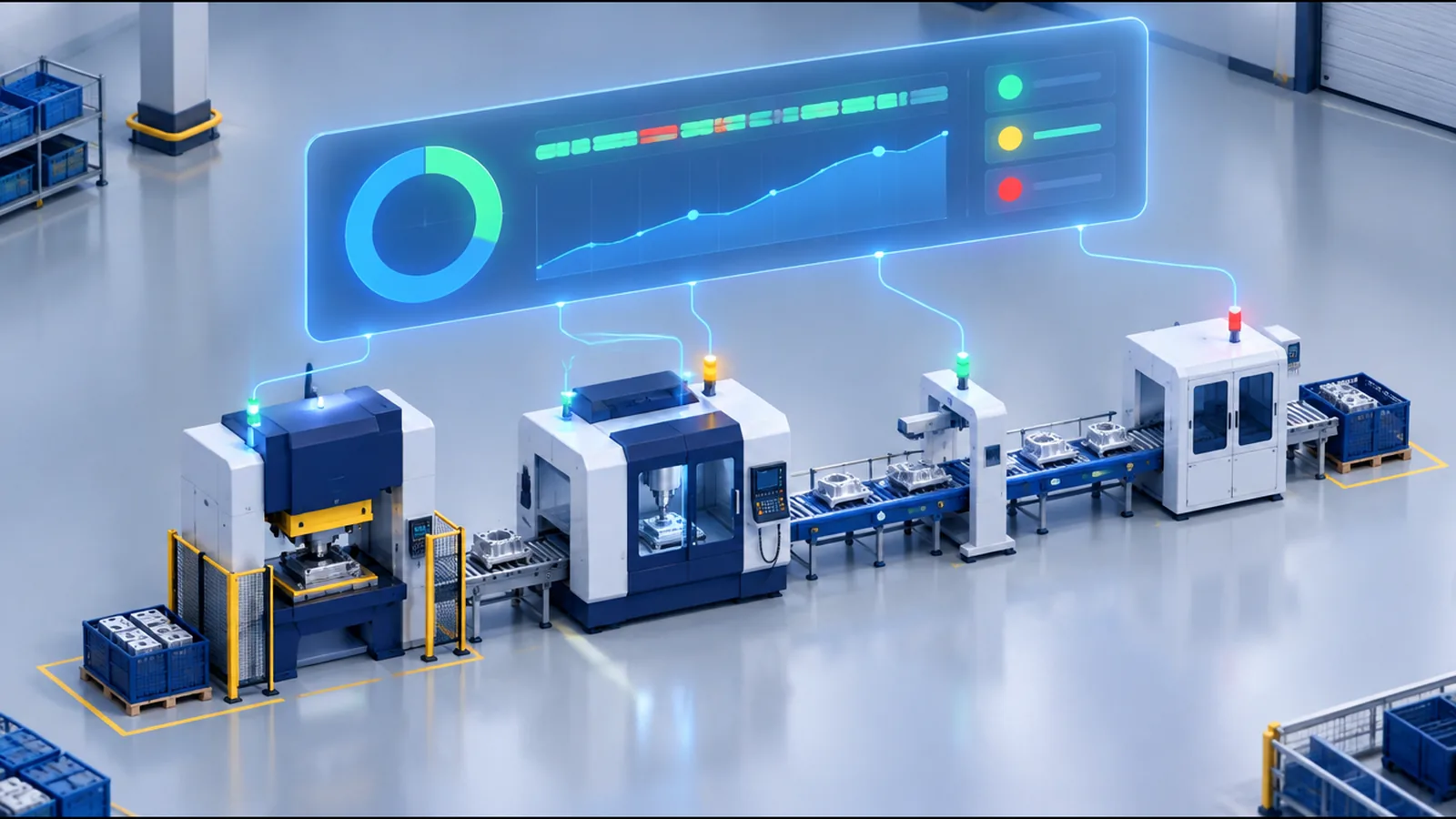 Isometrische 3D-Illustration in Navy und Blau: eine Fertigungslinie mit Presse, Bearbeitungszentrum und Förderband, darüber ein schwebendes Monitoring-Panel mit Kennzahl-Anzeige, Stillstands-Zeitleiste und Trendkurve — Produktionsüberwachung auf Linienebene