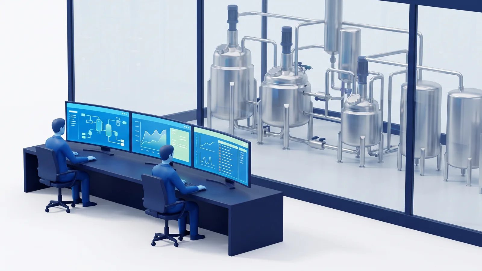 3D-Illustration in Navy und Blau: Leitwarte eines Prozessleitsystems mit zwei Operatoren vor drei Monitoren mit Fließbild, Trendkurven und Alarmliste — hinter der Glaswand Reaktoren und Behälter einer Prozessanlage