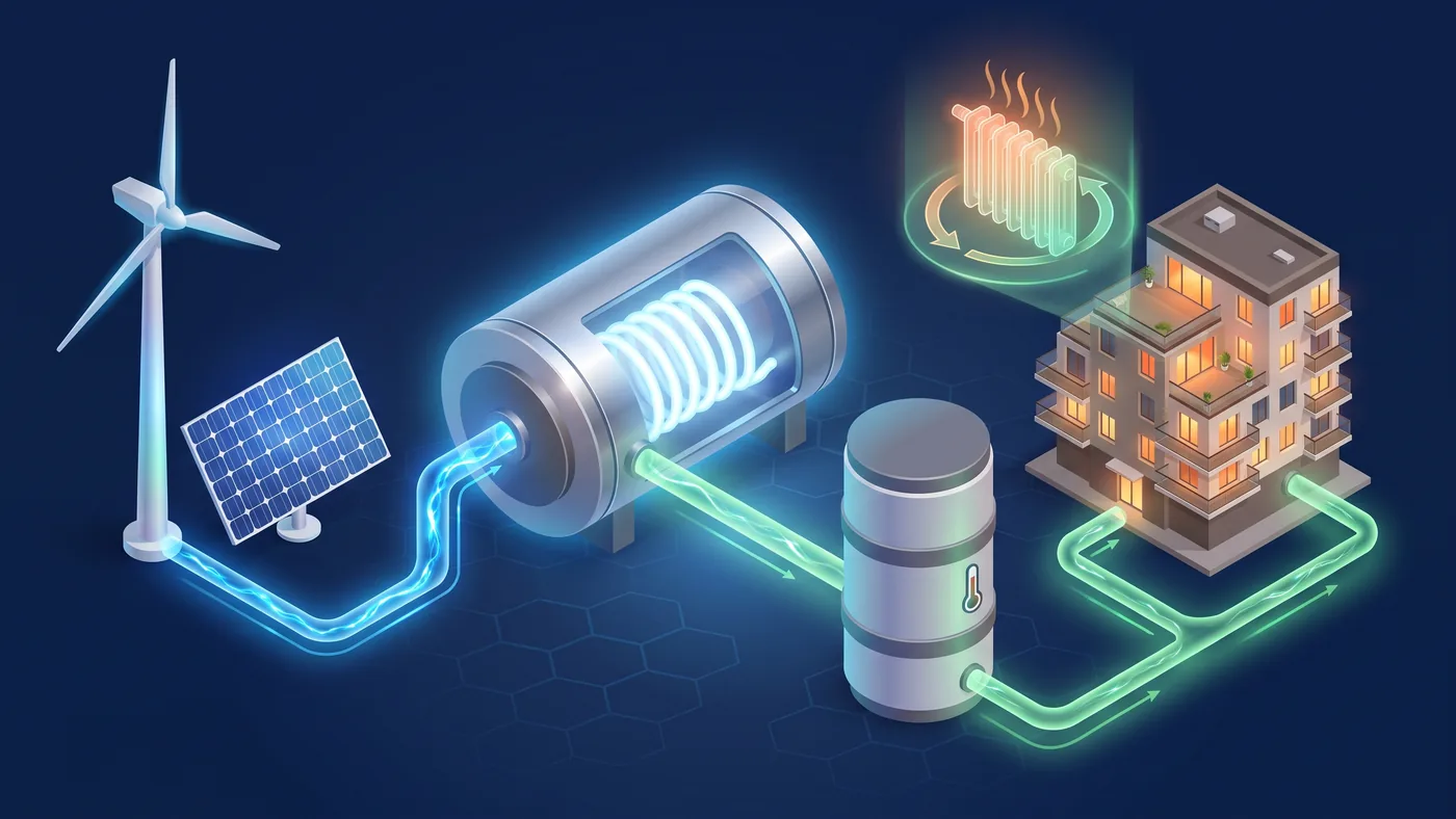 Isometrische Illustration: Wind- und Solarstrom fließen in Elektrokessel und Heizstab, die einen Wärmespeicher laden — Power-to-Heat