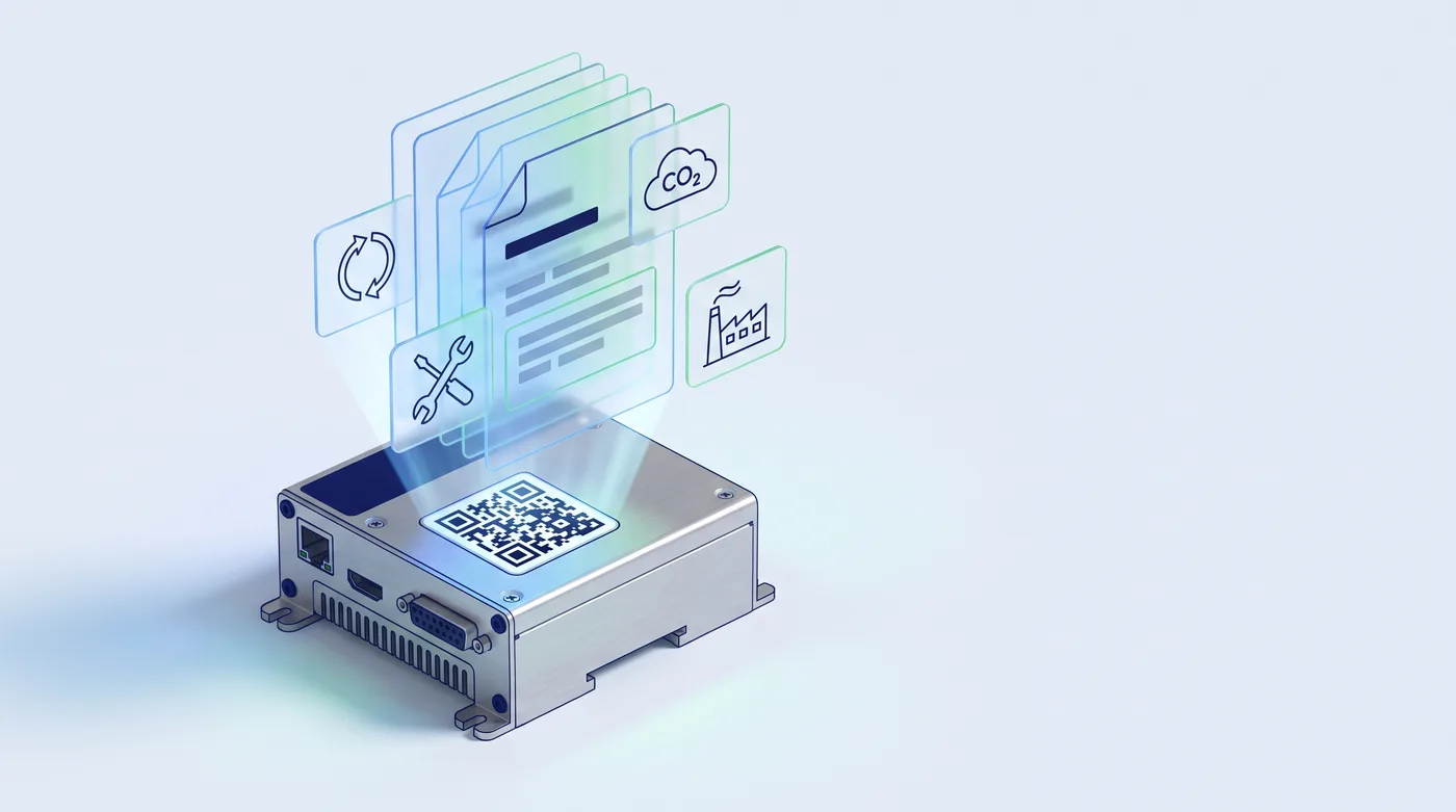 Digitaler Produktpass: Industriegerät mit QR-Code, aus dem digitale Dokumente sowie Symbole für Recycling, CO2-Fußabdruck, Reparatur und Herstellung aufsteigen