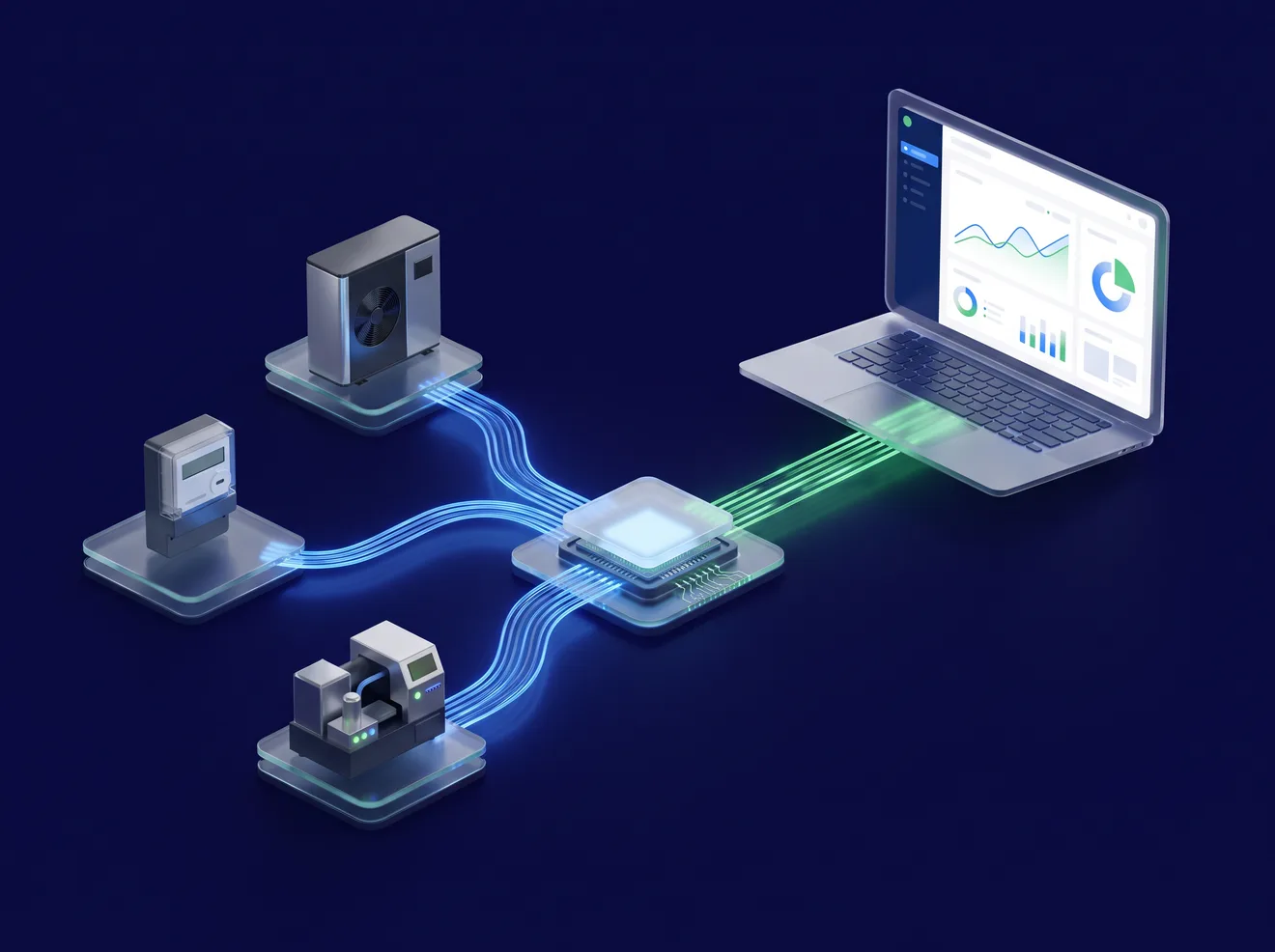 Illustration: Geräte im Feld — Wärmepumpe, Zähler und Maschine — senden Daten über die eco2lot-OEM-Plattform an ein Kundenportal auf dem Laptop