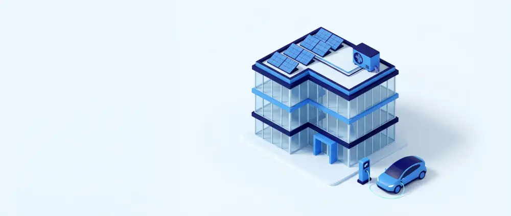 Isometrische Illustration: Bürogebäude mit Photovoltaik auf dem Dach und Elektroauto an der Ladesäule