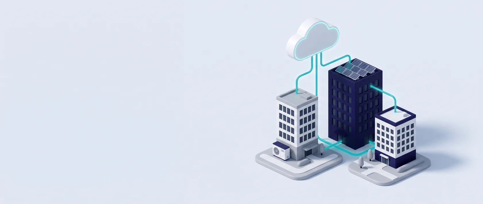 Isometrische Illustration: drei Gebäude unterschiedlicher Höhe, über leuchtende Datenlinien mit einer zentralen Cloud verbunden