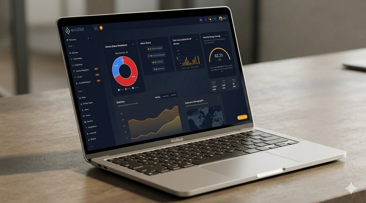 eco2lot-Cockpit auf einem Laptop: dunkles Dashboard mit KPI-Ringdiagrammen, Trend-Charts und Live-Anzeigen.