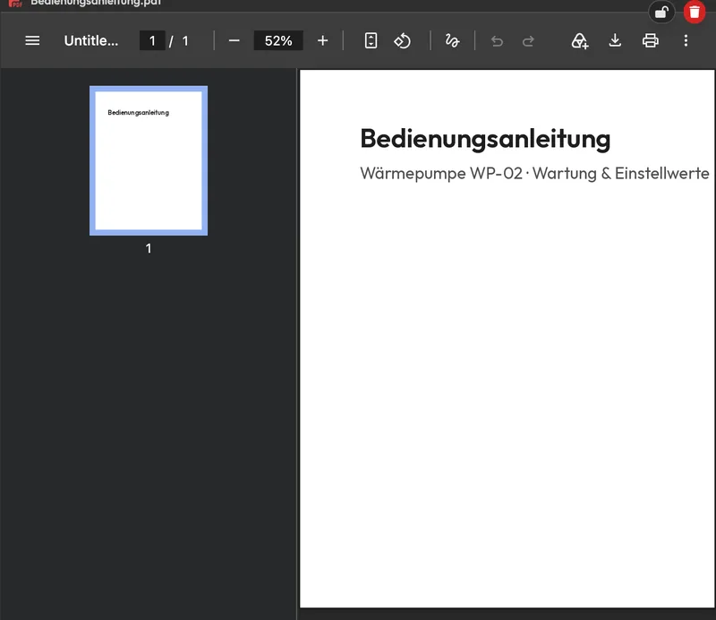PDF-Ansicht einer Bedienungsanleitung direkt im Dashboard