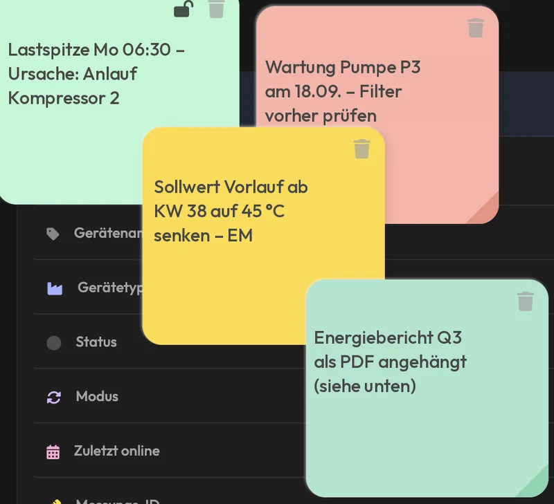 Vier Haftnotizen in Grün, Rosa, Gelb und Mint mit kurzen Hinweisen