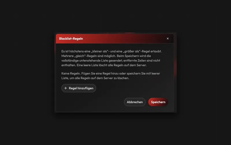 Dialog Blacklist-Regeln in eco2lot: Hinweis, dass eine kleiner-als-Regel, eine größer-als-Regel und mehrere gleich-Regeln möglich sind; Schaltfläche Regel hinzufügen