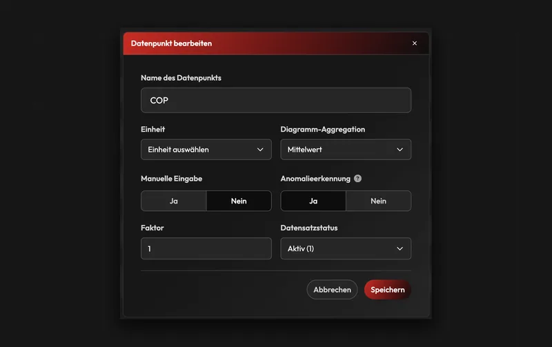 Dialog Datenpunkt bearbeiten in eco2lot: Name des Datenpunkts COP, Einheit, Diagramm-Aggregation Mittelwert, manuelle Eingabe, Anomalieerkennung, Faktor, Datensatzstatus