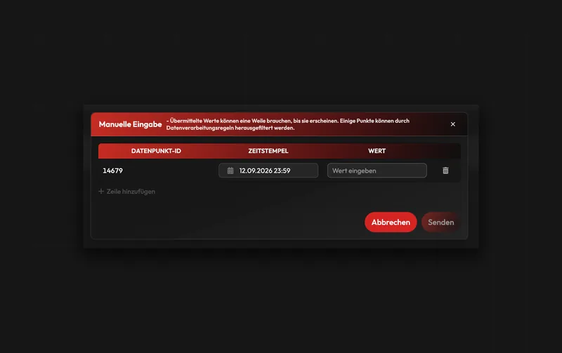 Dialog Manuelle Eingabe in eco2lot: Tabelle mit Datenpunkt-ID, Zeitstempel und Wert, Zeile hinzufügen, Hinweis dass Werte durch Datenverarbeitungsregeln gefiltert werden können