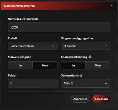 Dialog Datenpunkt bearbeiten: Name COP, Einheit, Diagramm-Aggregation Mittelwert, manuelle Eingabe Ja/Nein, Anomalieerkennung Ja, Faktor 1, Datensatzstatus Aktiv