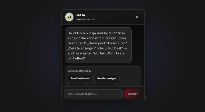 Maja-Fenster mit Begrüßung, Beispielfragen als Schaltflächen und Eingabefeld