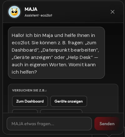 Maja-Fenster im Detail: Begrüßung, Vorschläge „Zum Dashboard“ und „Geräte anzeigen“, Eingabefeld und Senden-Schaltfläche