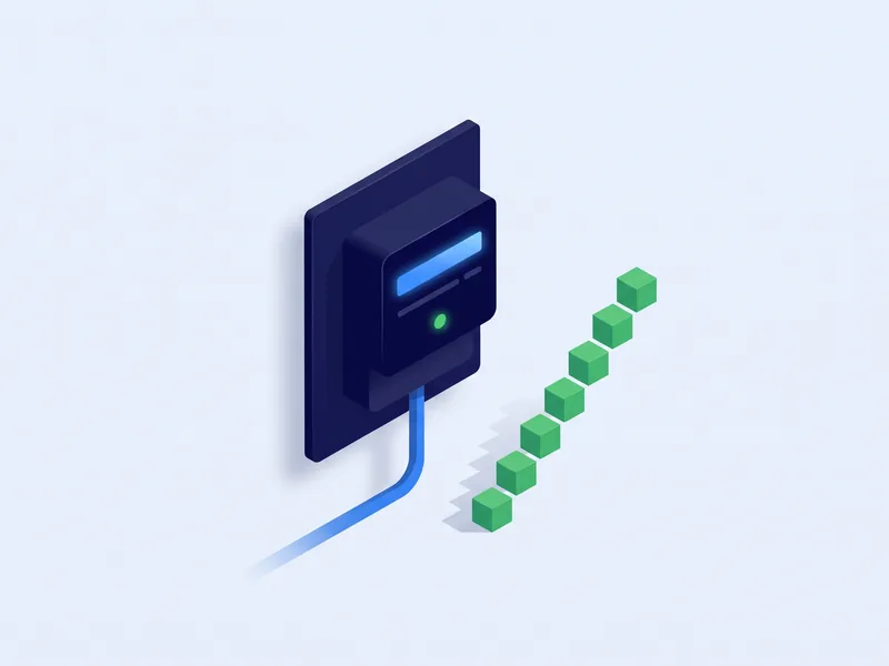 Isometrische Illustration eines digitalen Stromzählers mit leuchtendem Display und steigender Treppe aus Blöcken