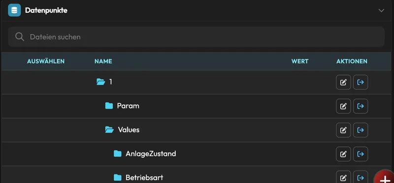 Tabelle der Datenpunkte eines Geräts als aufklappbarer Baum mit Aktionen