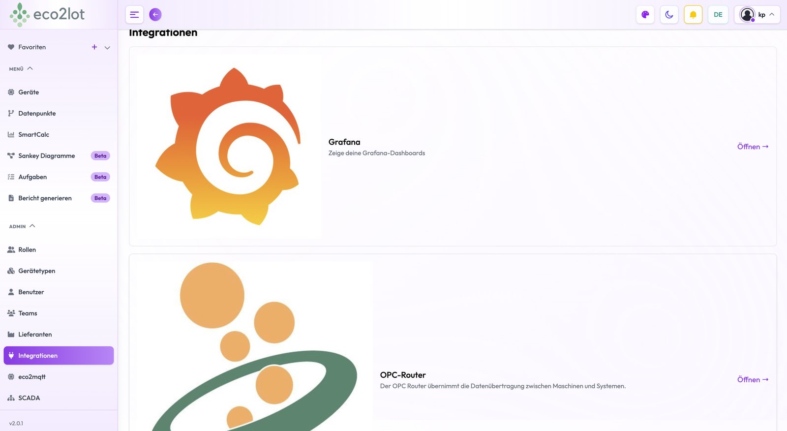 eco2lot Integrations-Seite: Angebundene Systeme wie Grafana und OPC-Router werden als eigene Tiles mit Logo, Beschreibung und Konfigurations-Button dargestellt.