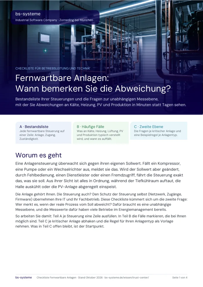Deckblatt der Checkliste: Fernwartbare Anlagen, wann bemerken Sie die Abweichung?